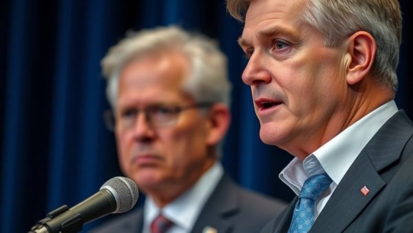 Speaker at microphone with blurred audience, formal setting.