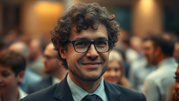 Man in formal attire with curly hair and blue glasses in a crowd.