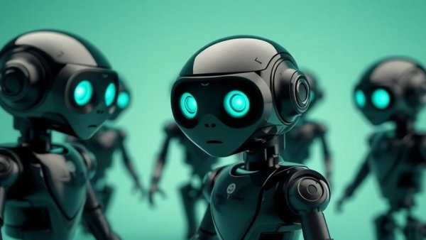 Futuristic AI workmate concept robots on a mint green background.