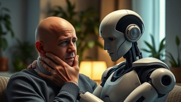 AI therapy ethical risks shown by a humanoid robot comforting a distressed man.
