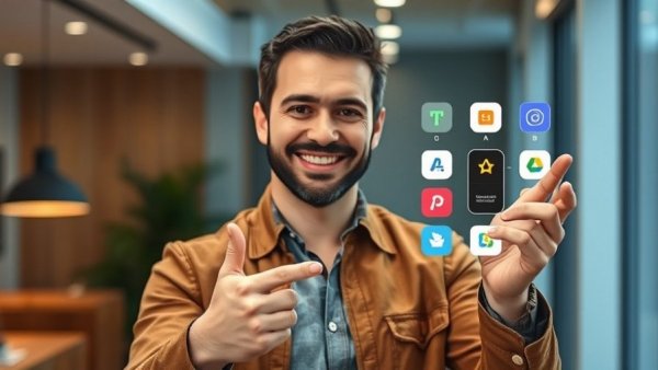 Confident man with AI app icons, showcasing AI creativity.