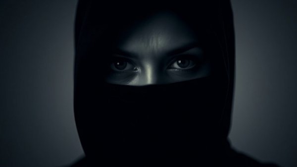 AI online security represented by woman behind mask in shadows