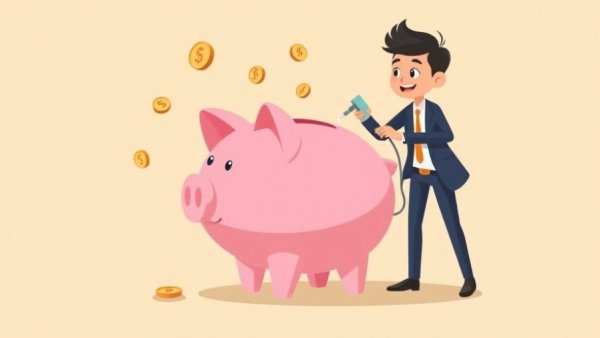 Cartoon businessperson inflates piggy bank symbolizing AI startup funding.