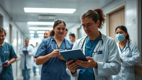 Healthcare Cybersecurity Act: Busy hospital corridor with medical staff.