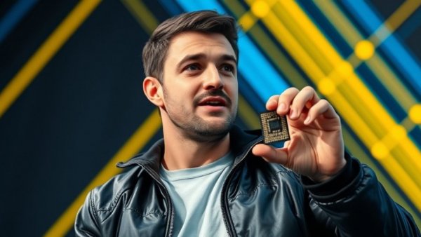 Confident male speaker in black jacket holding microchip with futuristic background.