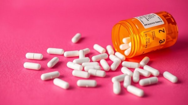 Scattered pills from a prescription bottle on magenta surface; data breach protection theme.