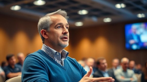Man speaking at a conference on AI-powered surveillance.