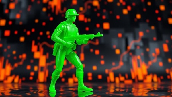 Digital art of green toy soldier amid pixelated background, Meta's deepfake moderation theme.