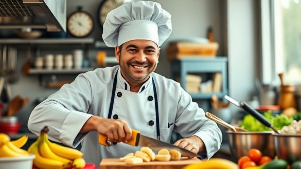 Chef enthusiastically cutting bananas in a vibrant kitchen, showcasing AI creativity.