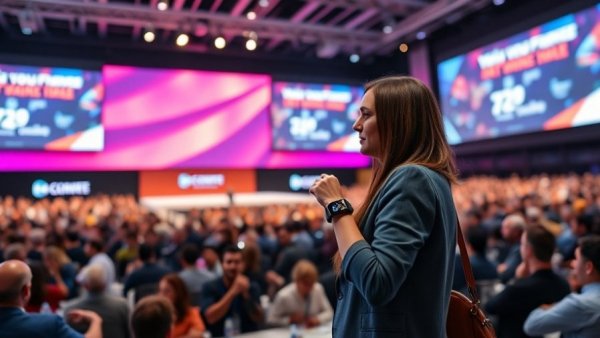 Conference speaker discusses health technology adoption with smartwatch presentation.