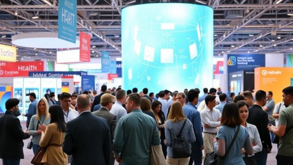 Vibrant health technology exhibit hall with engaged attendees.