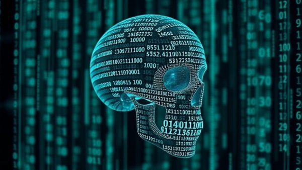 AI in cybersecurity visualized with a digital skull.