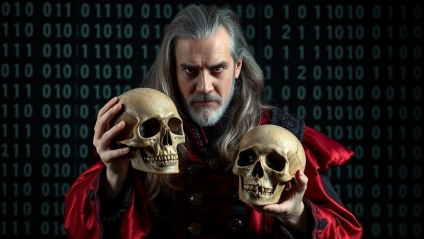 Actor in red costume holding skull, binary code backdrop.