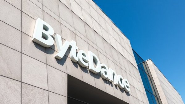 ByteDance building facade with logo, clear sky background.