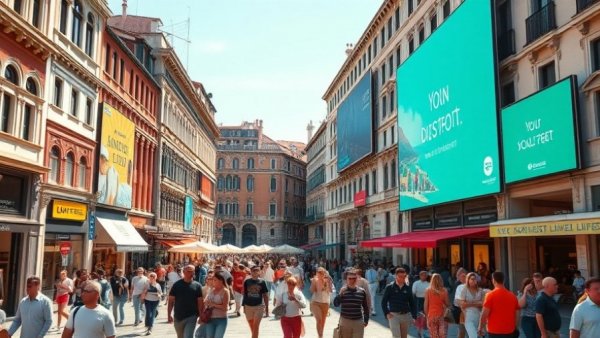 Venetian-inspired plaza with digital billboard and crowd, clinical care resilience