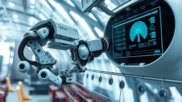 Robotic device analyzing ship hull with digital interface, showcasing the future of robotics.