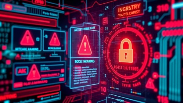 Digital threats and vulnerabilities in IP KVMs symbolized by warning signs on screens.