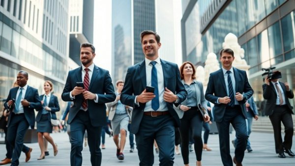 Professionals surrounded by media in urban setting, AI-powered technology focus.