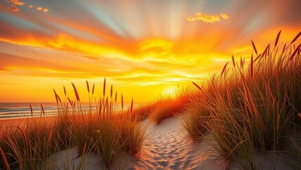 Outer Banks towns: Sunrise over sandy beach with dune grass.