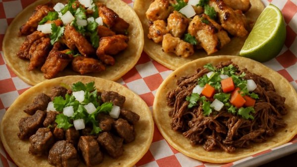 Assorted street tacos with flavorful fillings on a checkered tray.