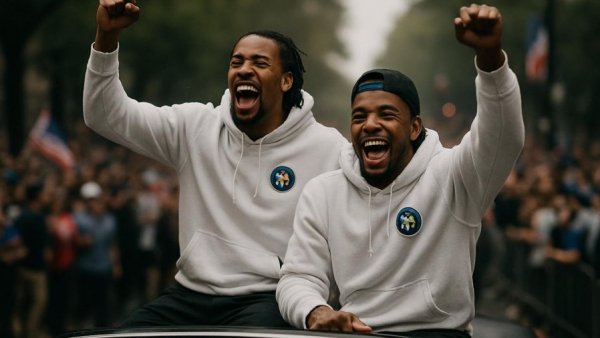 Athletes in team gear celebrating in a parade with flags and crowd.