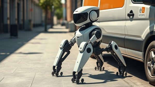 Future of robotics showcased by a delivery robot next to a van.