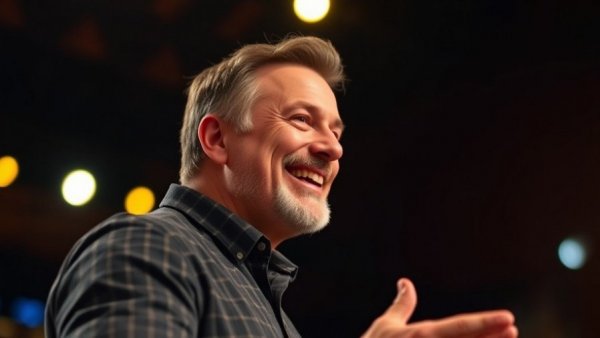 Middle-aged man giving a speech in spotlight at auditorium.