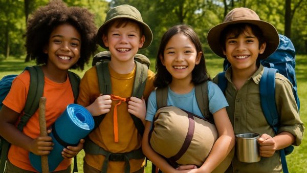 Group of children enjoying Atlanta summer camp expo outdoors.
