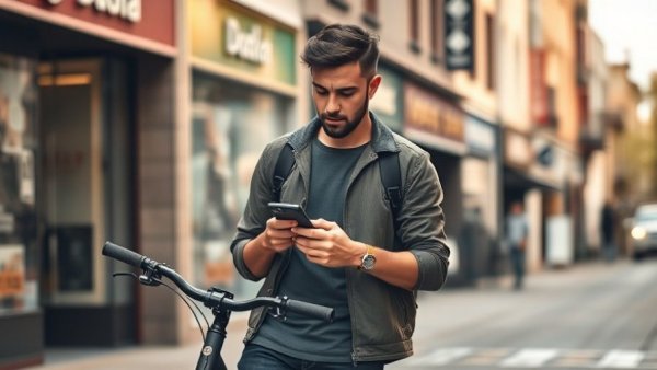 AI creativity in urban workspaces, man checking smartphone by bicycle.