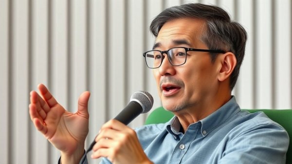 Man discussing AI governance on stage with a microphone.