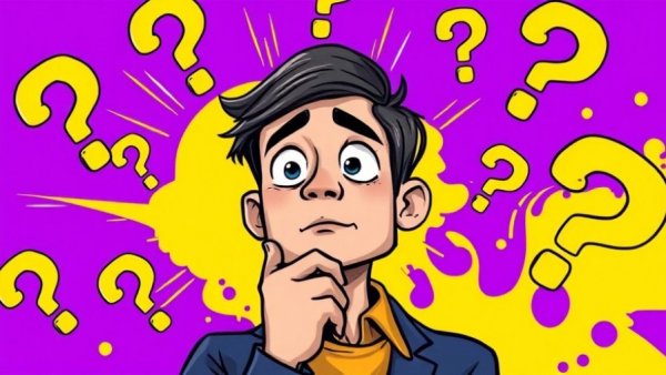 Contemplative individual with question marks around them, vibrant colors.