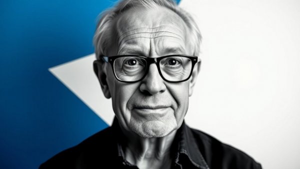 Monochromatic image of a man with geometric background.