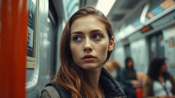 Young woman on subway, thoughtful expression, candid shot, Google Pixel 10 Ads.