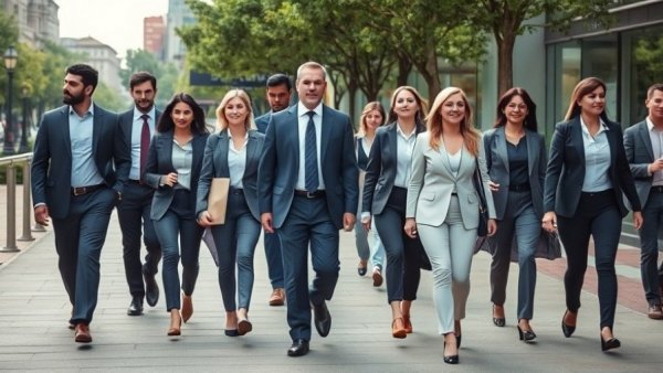 Business professionals walking outside, diverse group.