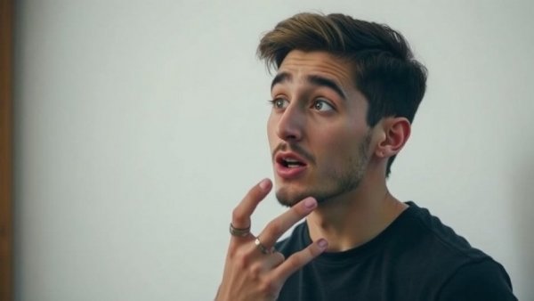 AI creativity discussion by young man with expressive gesture.