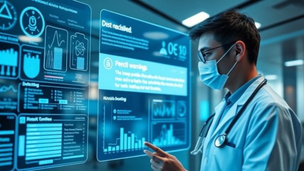 Healthcare professional using digital interface with data alerts.