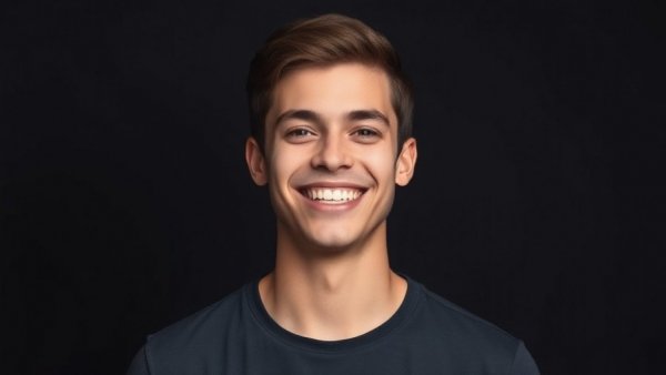 Smiling young man in dark studio represents future technology.