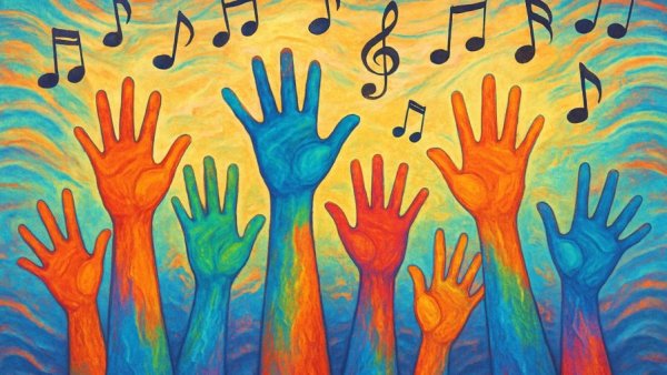 Colorful hands with music notes symbolizing Atlanta free concerts.