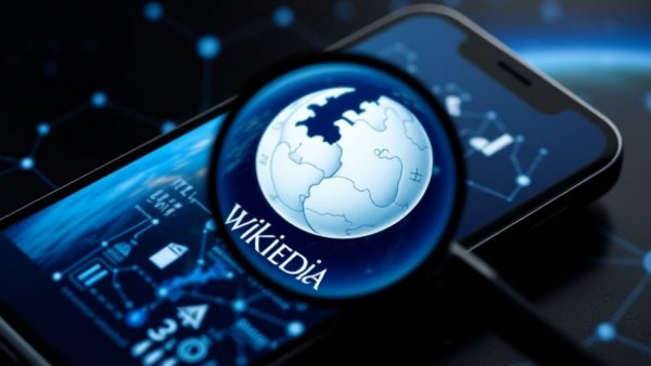 Smartphone showcasing Wikipedia logo magnified over digital Earth network, AI-generated content policy.