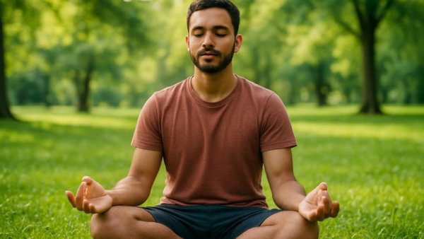 Person doing yoga meditating in Atlanta's outdoor fitness class.