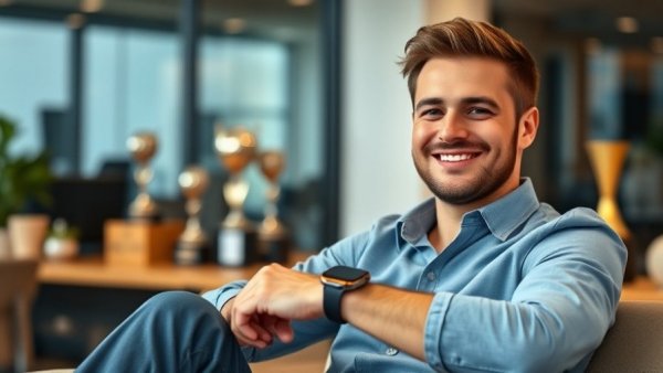 Man wearing smartwatch smiling in office, wearable health technology.