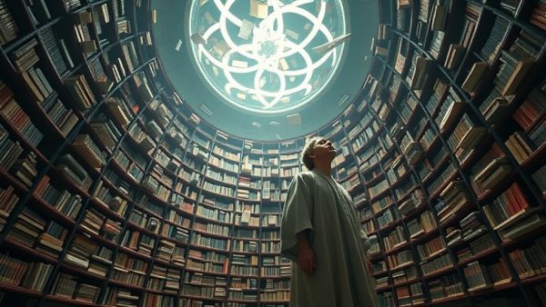 AI creativity represented by a surreal library with floating books.