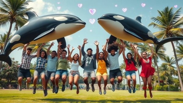 Playful group under AI-generated orcas in a magical park.