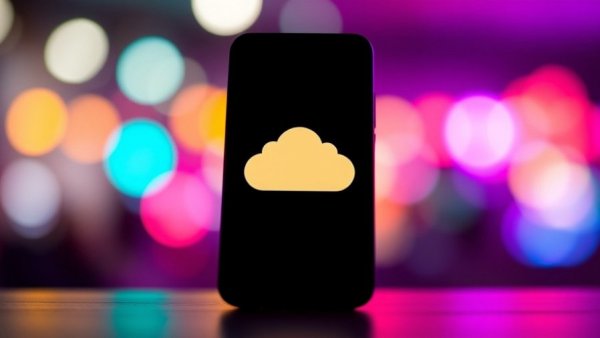Smartphone with cloud logo, vibrant bokeh background, AI video innovations.