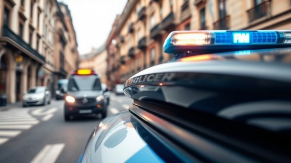 Police car with light bar near robotaxi in urban setting.