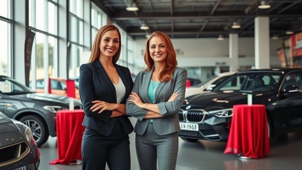 Professional women in car showroom discussing the future of mobility.