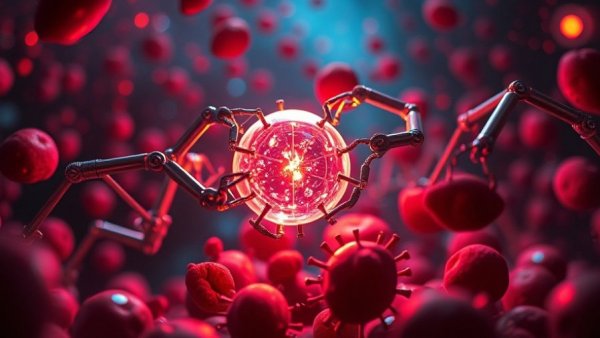 Futuristic 3D DNA robots for drug delivery with vivid red blood cells.