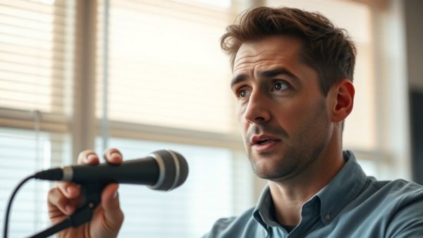 Man delivering a podcast episode on AI creativity with a microphone.