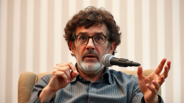 Middle-aged man with glasses discussing a topic at a conference.