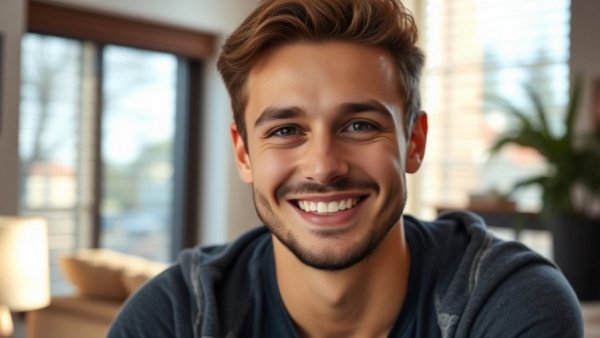 Young man discussing AI creativity indoors.